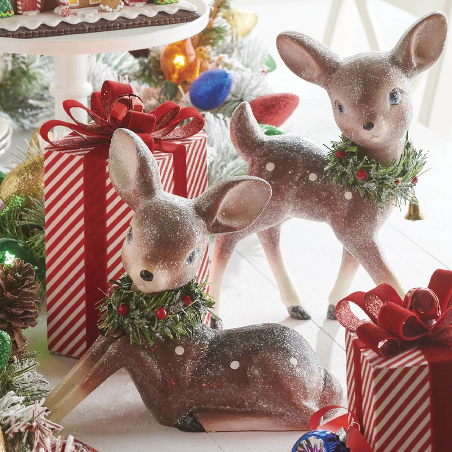Raz Set Of 2 12.75" Large Reindeer With Bottle Brush Wreath Christmas Figure 4212557 1 Raz Set Of 2 12.75" Large Reindeer With Bottle Brush Wreath Christmas Figure 4212557