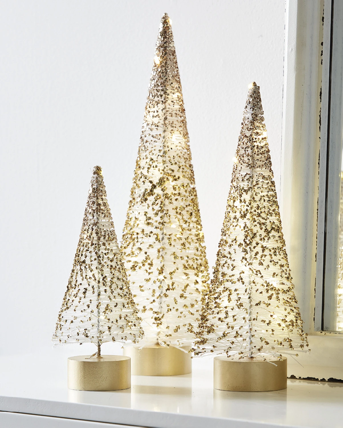 Raz Set Of 3 Lighted White Bottle Brush Trees With Gold Glitter 4215506 1 Raz Set Of 3 Lighted White Bottle Brush Trees With Gold Glitter 4215506