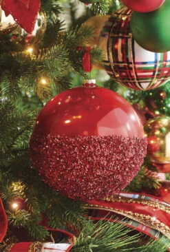 Raz 6" Half Glittered Red Glass Ball Christmas Ornament 4224608