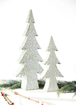 Raz 16.25" Or 22" Large Green And White Distressed Embossed Christmas Tree Decoration
