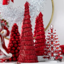 Raz Set Of 2 Red Tinsel Trees Christmas Decoration 4334054