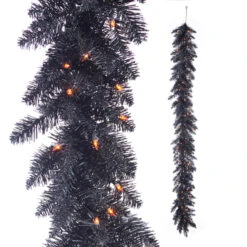 Raz 6' Halloween Black Tinsel Garland Pre-lit With Orange Lights G4352022