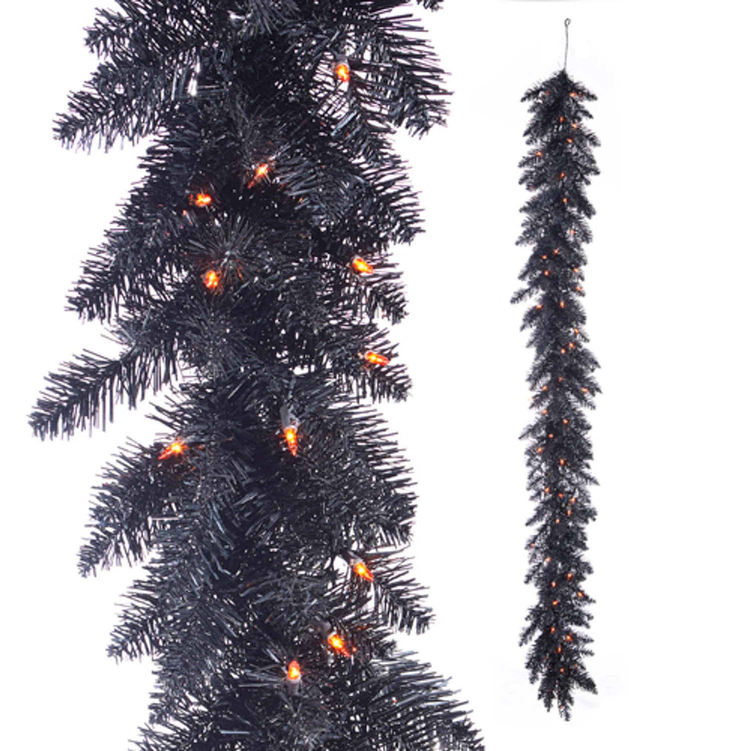 Raz 6' Halloween Black Tinsel Garland Pre-lit With Orange Lights G4352022 1 Raz 6' Halloween Black Tinsel Garland Pre-lit With Orange Lights G4352022