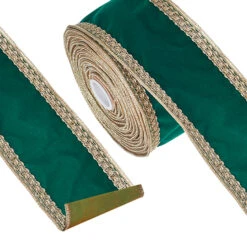 Raz 4" Green And Gold Trim Velvet Wired Christmas Ribbon R4227734
