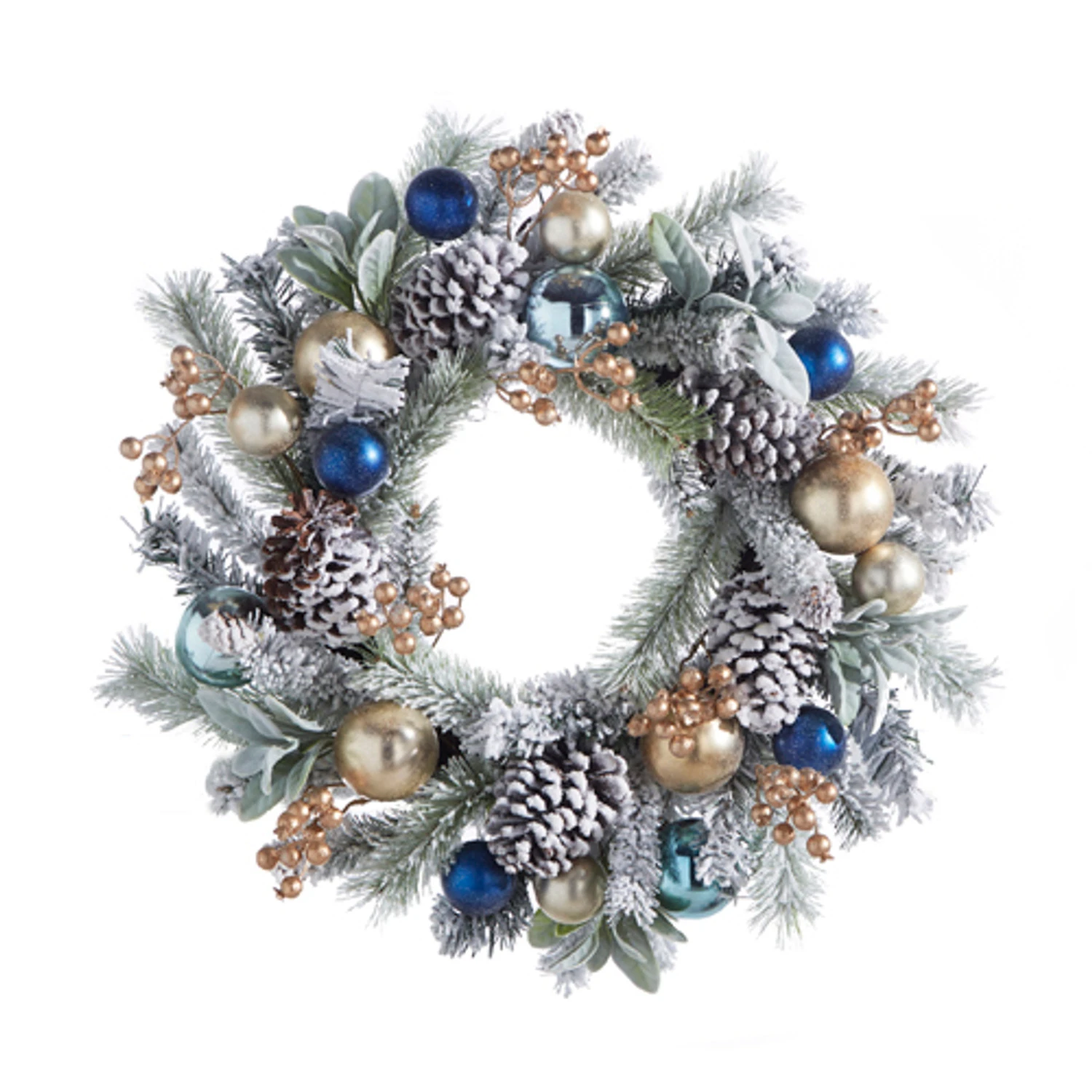 Raz 24" Snowy Mixed Greenery And Blue And Gold Ornament Christmas Wreath W4302540 2 Raz 24" Snowy Mixed Greenery And Blue And Gold Ornament Christmas Wreath W4302540 - Image 2